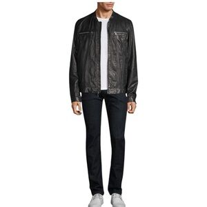 John Varvatos Star USA Black Lambskin leather band collar moto jacket.SZ XL